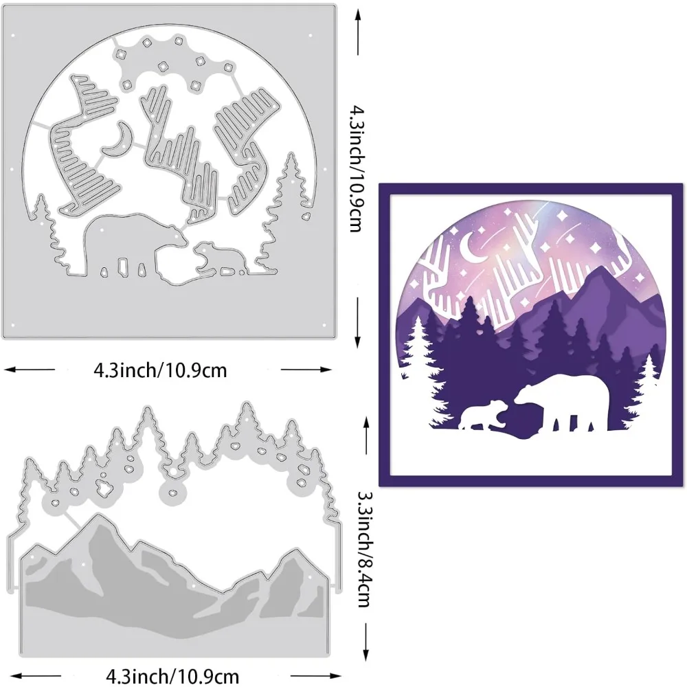 2pcs Northern Lights Pattern Cutting Dies Stencils Metal Forest Bear Mountain Scrapbooking Embossing for Card Making DIY