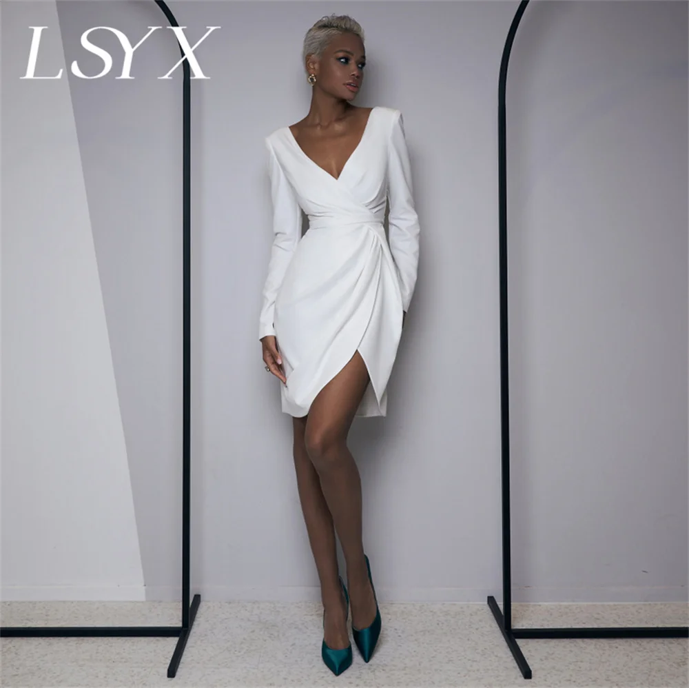 

LSYX V-Neck Long Sleeves Sheath Pleats Crepe Mini Wedding Dress For Women Zipper Back Above Knee Short Bridal Gown Custom Made