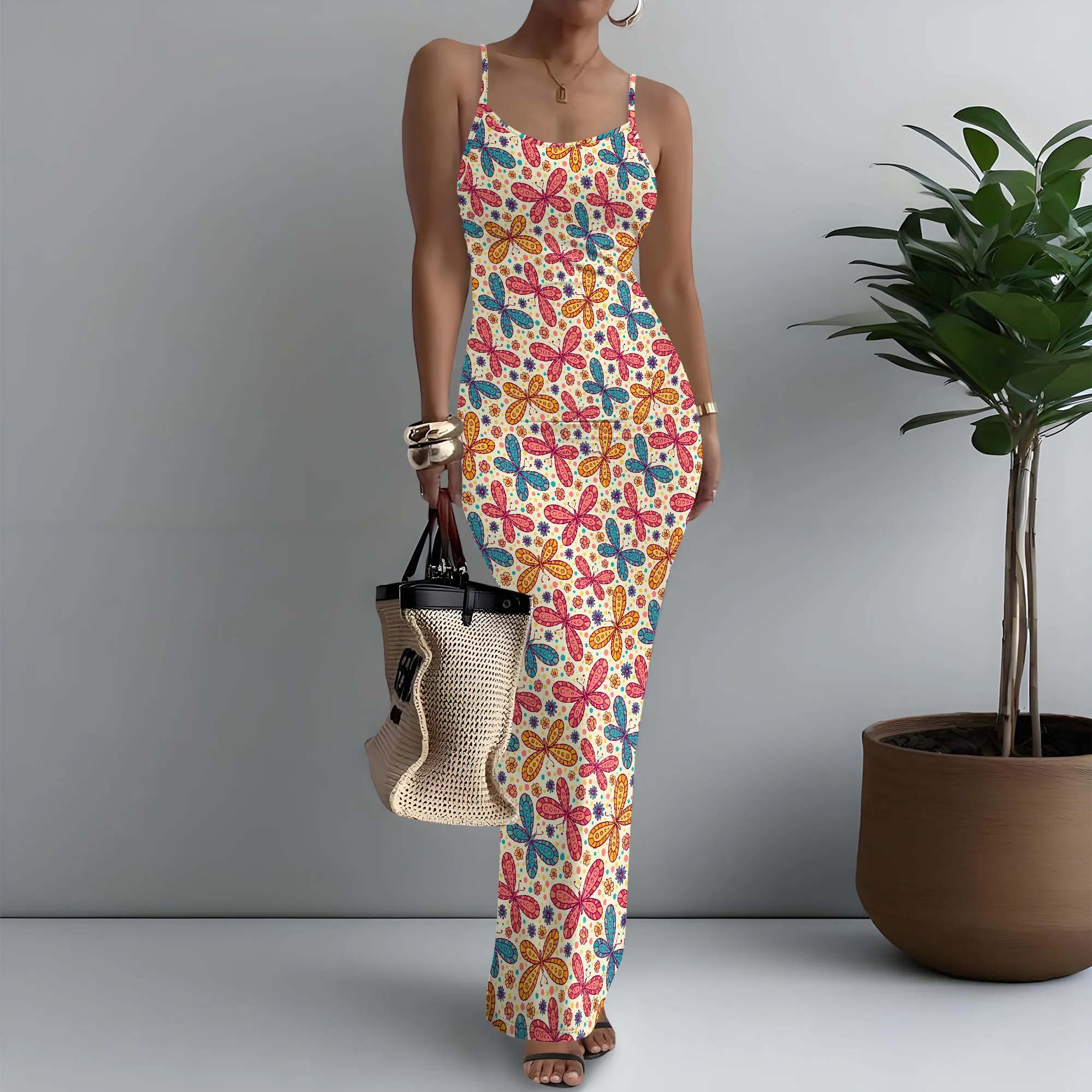 

Women's Spaghetti Strap Maxi Dress Butterfly Print XS-3XL Breathable Stretchable