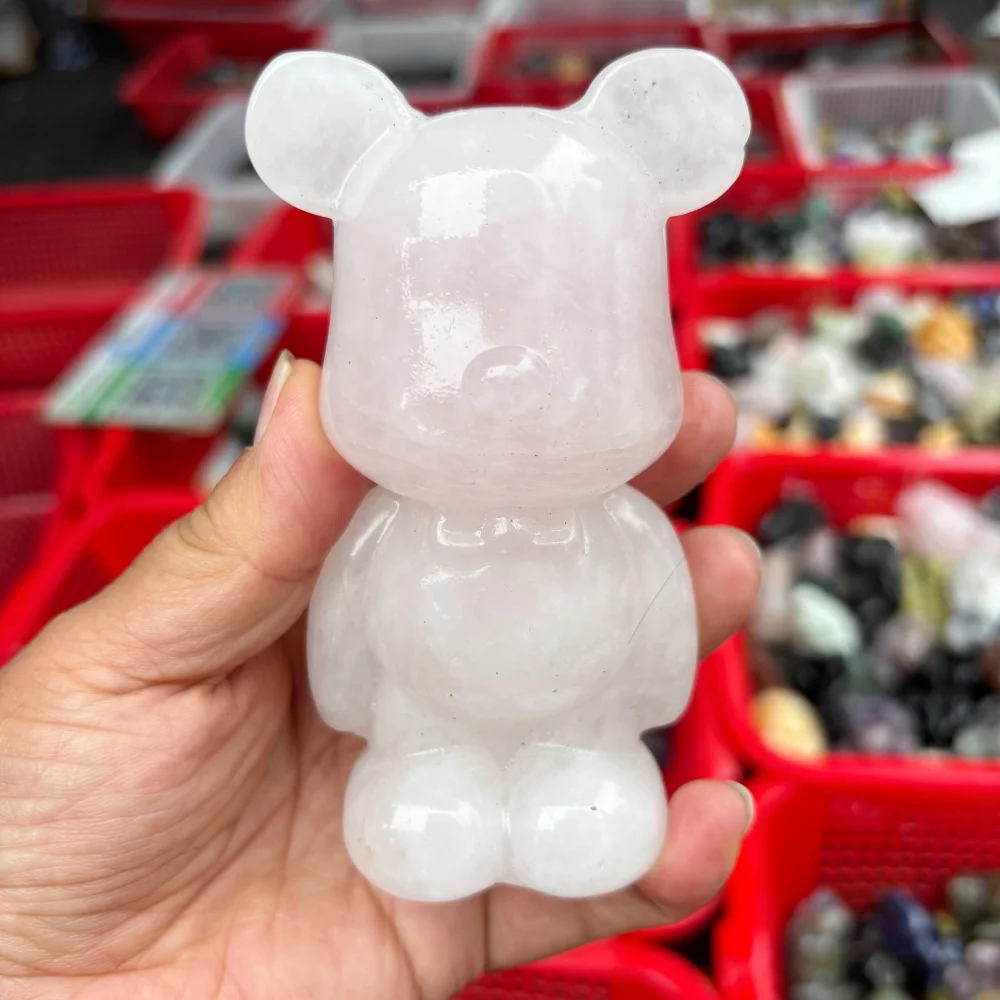 1PCS Natural Rose Quartz Cartoon Bear Carving Polished Reiki Healing Energy Stone Feng Shui Room Decor Gift for Peace & Harmony