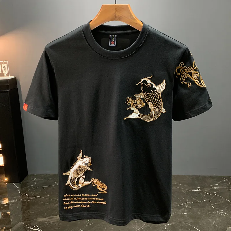 Ethnic style Koi embroidery short sleeved T-shirt for men's summer 2025 new Chinese style trendy loose men's clothing