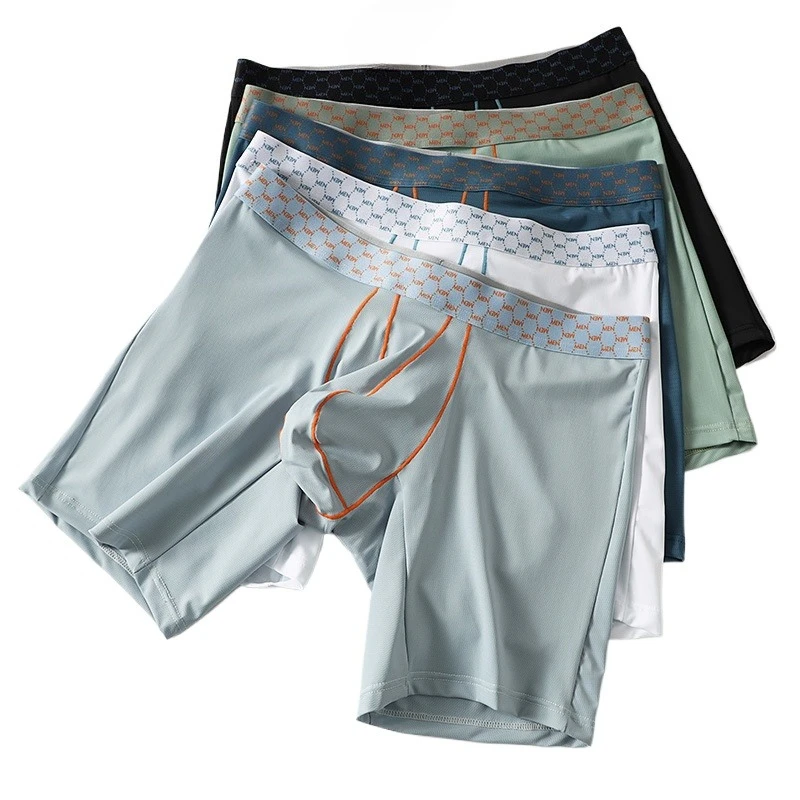 Men Sexy Underwear Extended Long Ice Silk Middle Pants Casual Sports Yoga Short High Elastic U Convex Pouch Lingerie Underpants