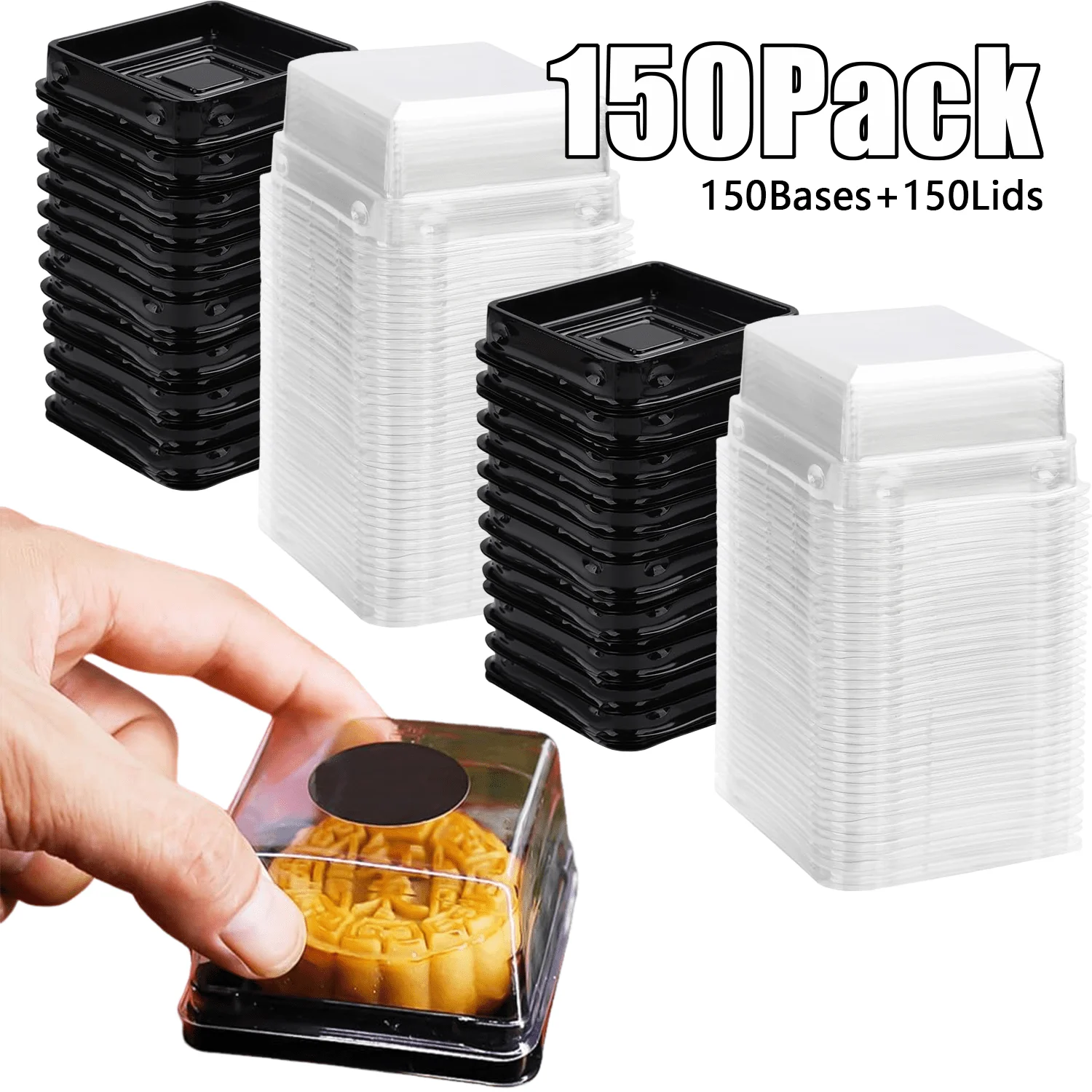 

150Pack (150Bases+150Lids) Clear Plastic Mini Cupcake Boxes Muffin Square Mooncake Box Single Container Wedding Birthday Gift Box, Pastry packaging box (Black)