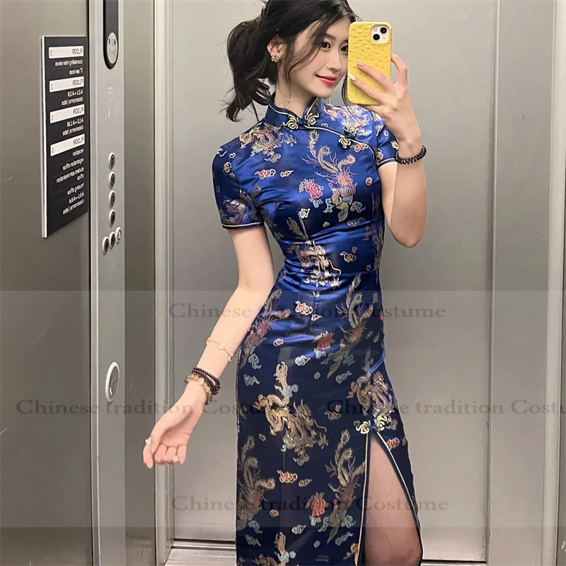 

Blue Qipao Dress Vintage Asia Style Dresses Dragon and Phoenix Chinese Qipao Short Sleeve Chesongam Sexy Vestidos Party Gown