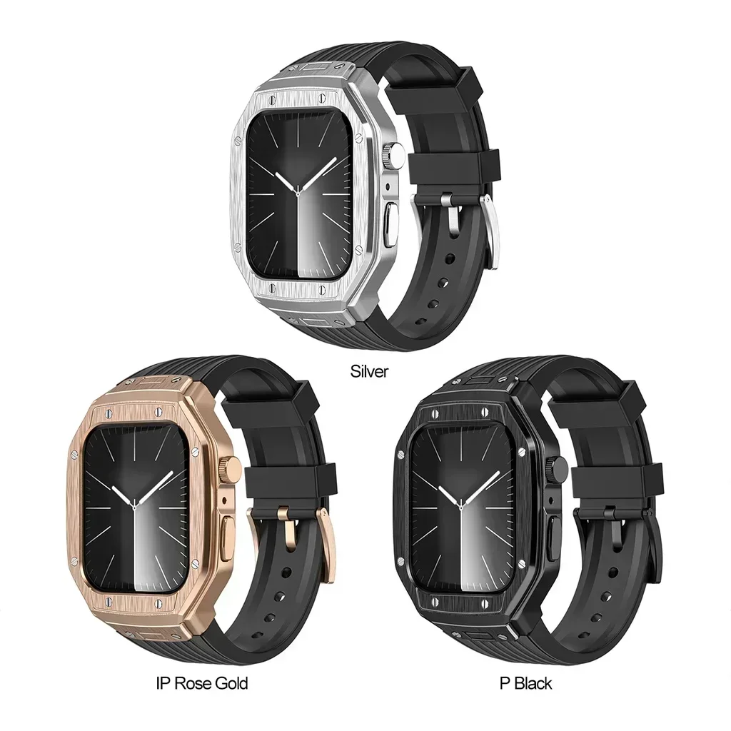 Modification Kit For Apple Watch 6 5 4 se 44mm 9 8 7 45mm Luxury Metal case+TPU Strap Replacement Accessories For IWatch Series