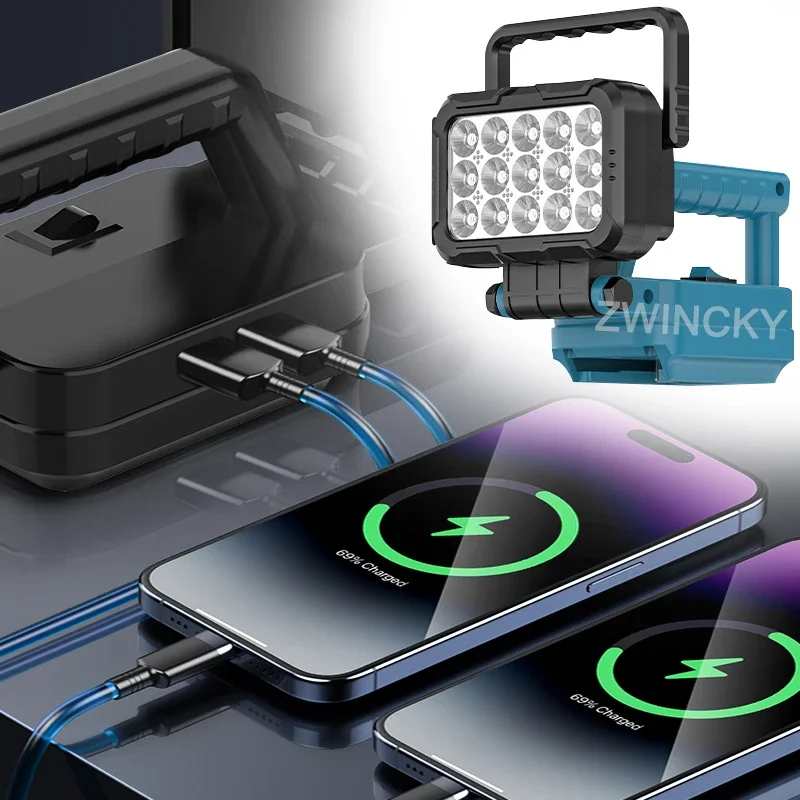 for Makita/Dewal/Milwaukee 18V Battery Portable LED Work Light With USB Port Flashlight Flood Lights Cordless Outdoor Tool Lamp