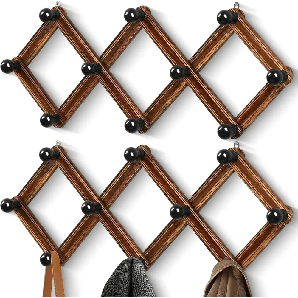

Expandable Wooden Wall-Mounted Coat Rack with 10 Hooks for Hats, Bags, and More