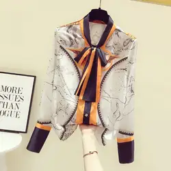 Female Korean Printing Chiffon Scarf Collar Long Sleeve Blouse Spring Office Lady Bow Loose Shirts Women Clothing Fashion Tops