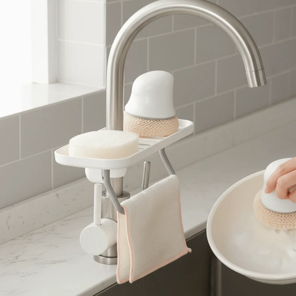 

Easy To Install Plastic Faucet Drain Rack Space Saving Rotatable Dish Sponge Holder with Rod Sink Rack Kitchen