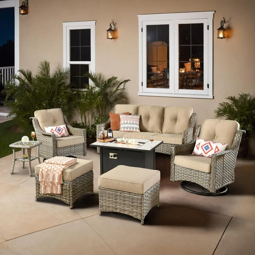 

Outdoor 7 Pieces Coversation Set with 42" Fire Pit Table, Patio Furniture High Back Couch with Swivel Rocking Chair, Rattan