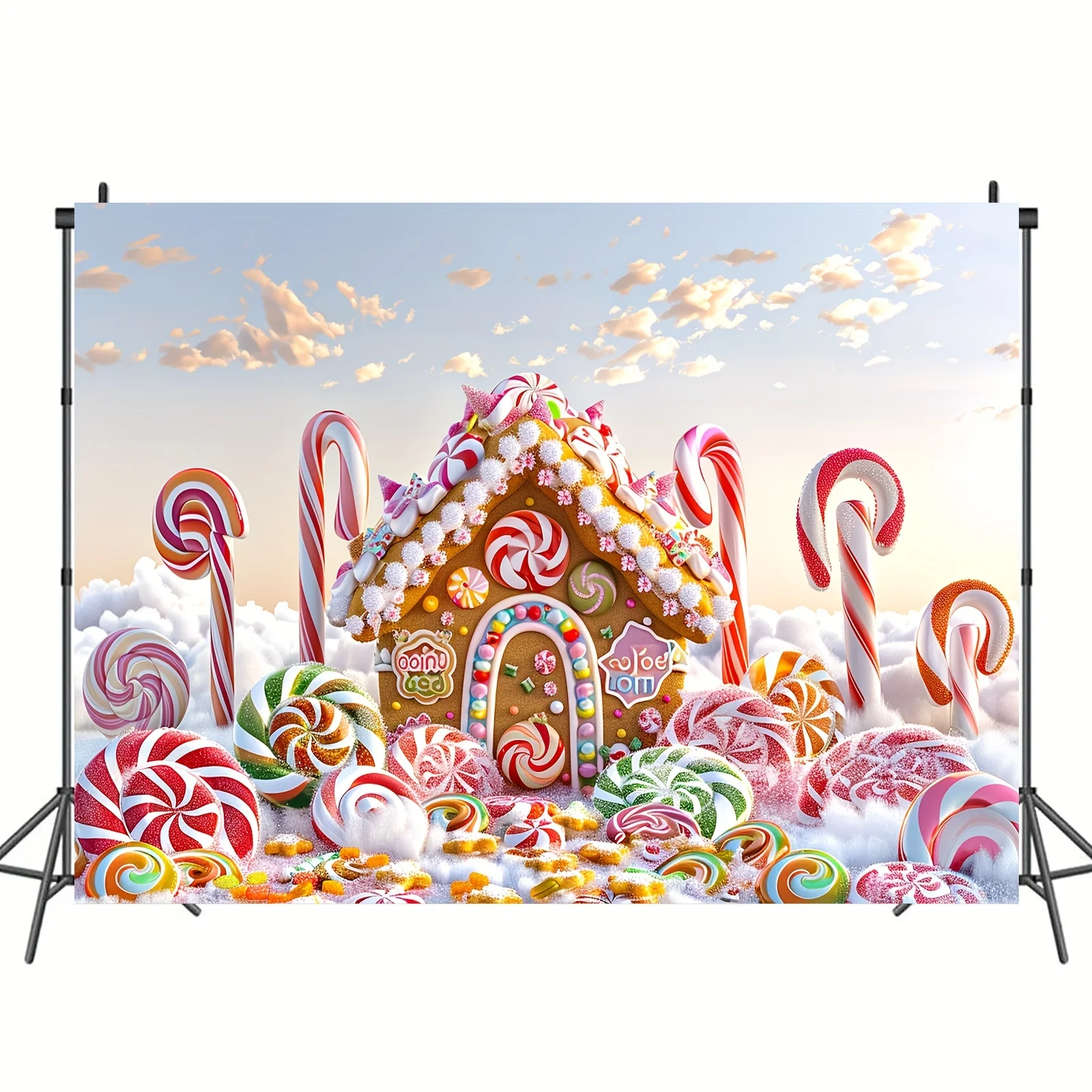 1 piece of vibrant gingerbread house background - candy cans, lollipops, Christmas party decoration, photography background