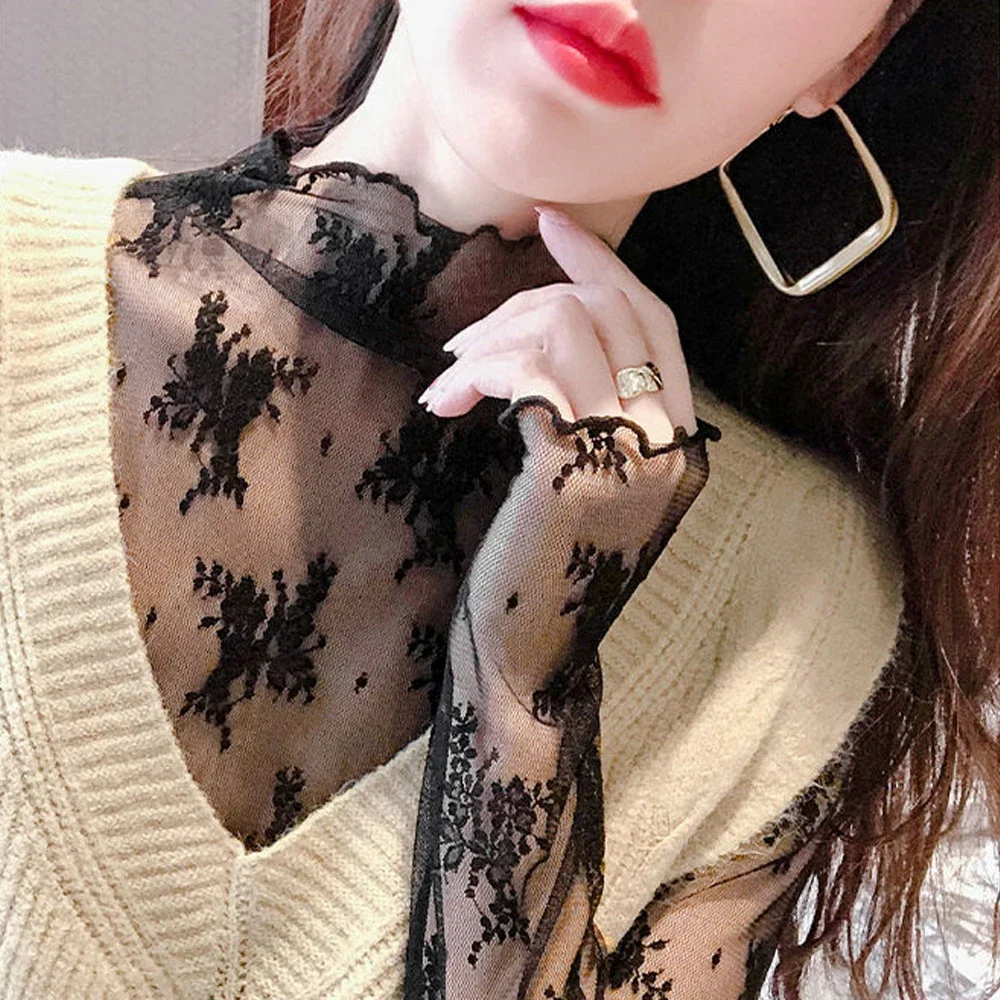 New Transparent Korean Loose Women Lace Blouse 15 Colors Female Bottoming Blouses S-3XL Size Cheaper Tops Kawaii T Shirt