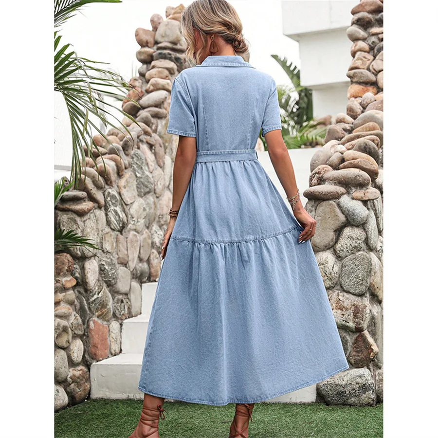 Benuynffy Elegant Button Front Belted Denim Dress Women's Short Sleeve Loose Casual Lapel Big Swing A-line Summer Long Dresses