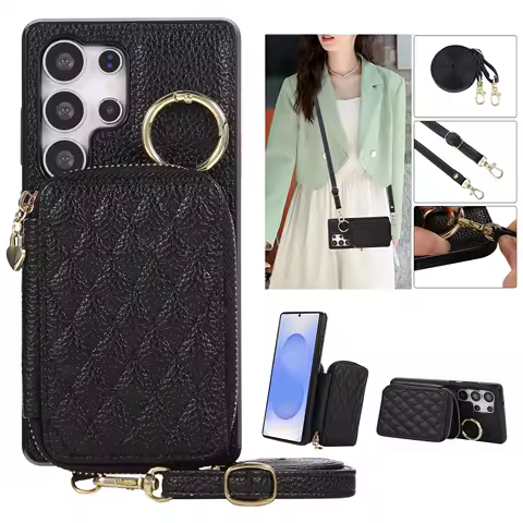 Plain Leather Crossbody Phone Case for Samsung Galaxy S25 Ultra Edge S24 FE S23 Plus S22 S21 S20 Note20 Ring Card Holder Wallet