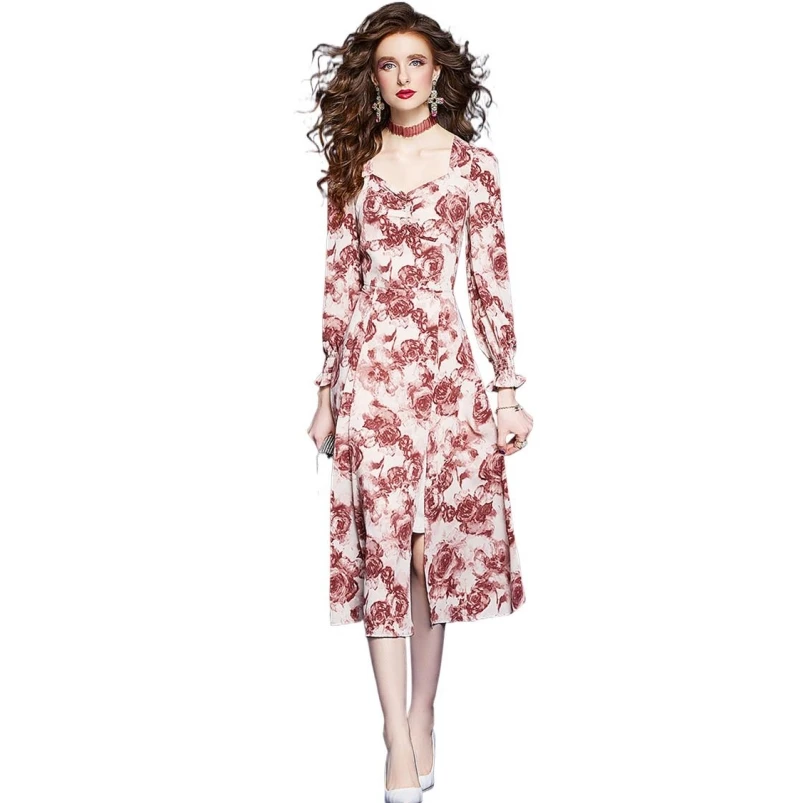 Lente Elegante Dames Lange Jurk 2024 Nieuwe Jurk Met Bloemenprint Vierkante Kraag Sexy Split Lange Jurk Elegante Slanke Jurk Vestidos