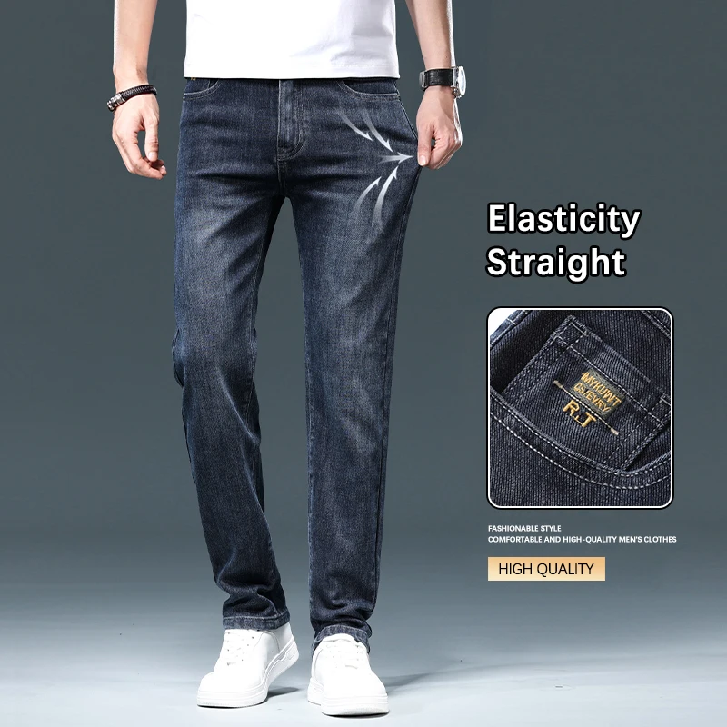 

Классические прямые джинсы, мужские винтажные синие эластичные тонкие повседневные джинсовые брюки, корейские молодежные модные весенне-осенние брюки