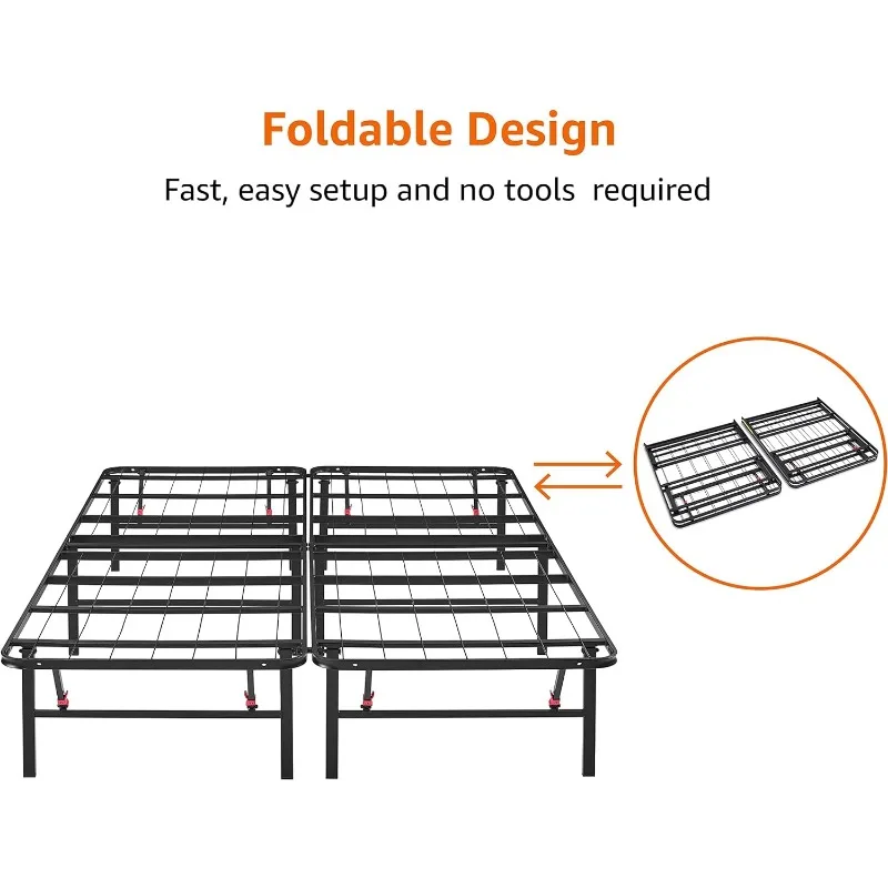 Basics-Foldable Metal Plataforma Bed Frame, ferramenta de configuração gratuita, alta, rainha, preto, 14 polegadas
