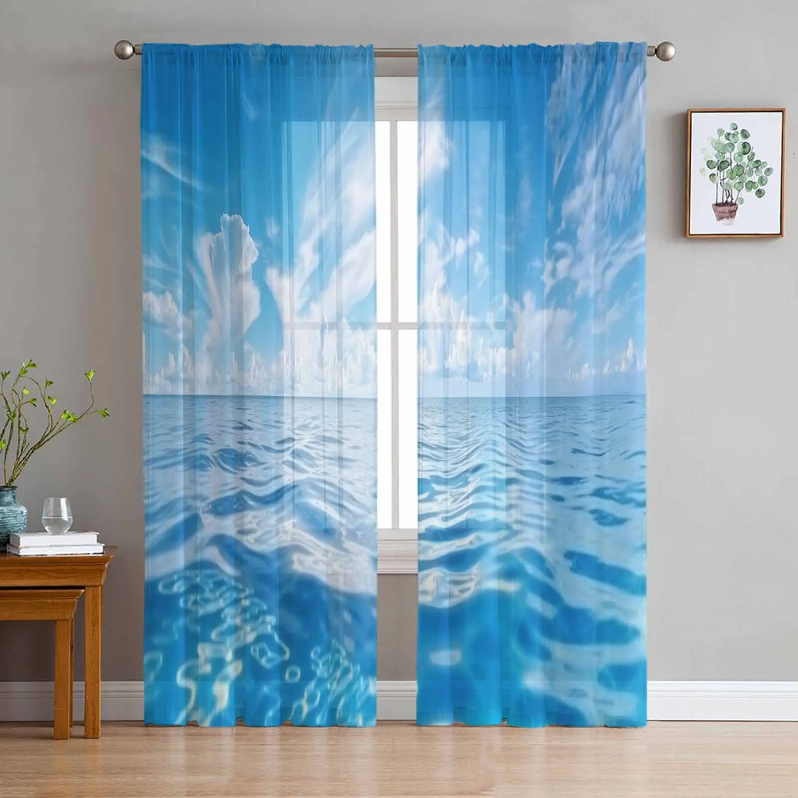 Ocean Summer Wallpaper Sunshine Tulle Sheer Window Curtains for Living Room Kitchen Children Bedroom Voile Hanging Curtain