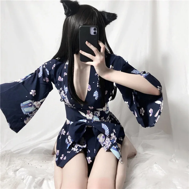 Chiffon Japanese Sleepwear For Women Ladies Lingerie Top+Belt+T-Brief Sets Girls Pajamas Nightwear One Size New Black PInk Dress