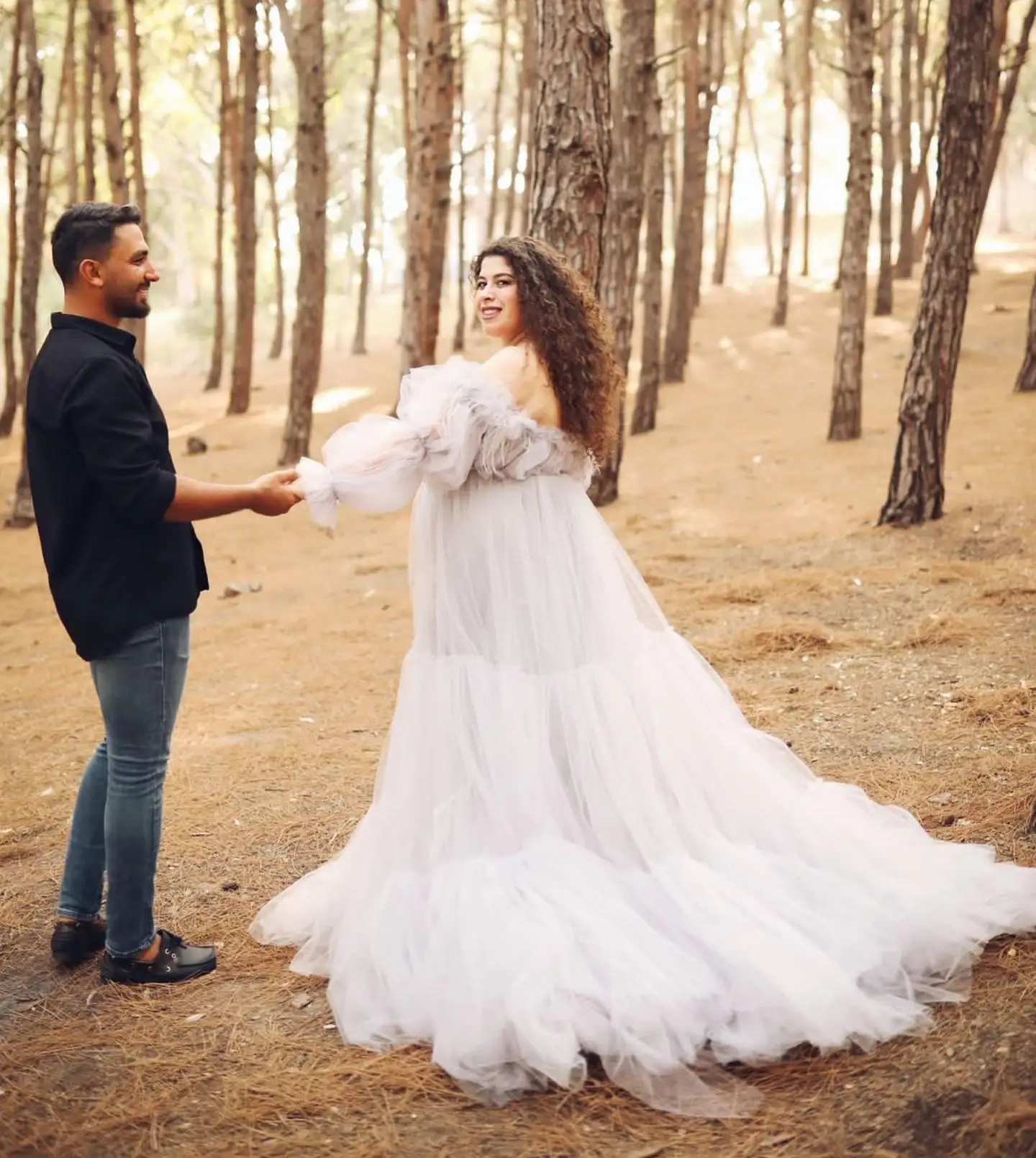 

Women Pregnant Prom Dress Full Sleeve Square Neck Sheer Bridal Morning Robes Tiered Tulle Evening Gown Sleepwear Customized