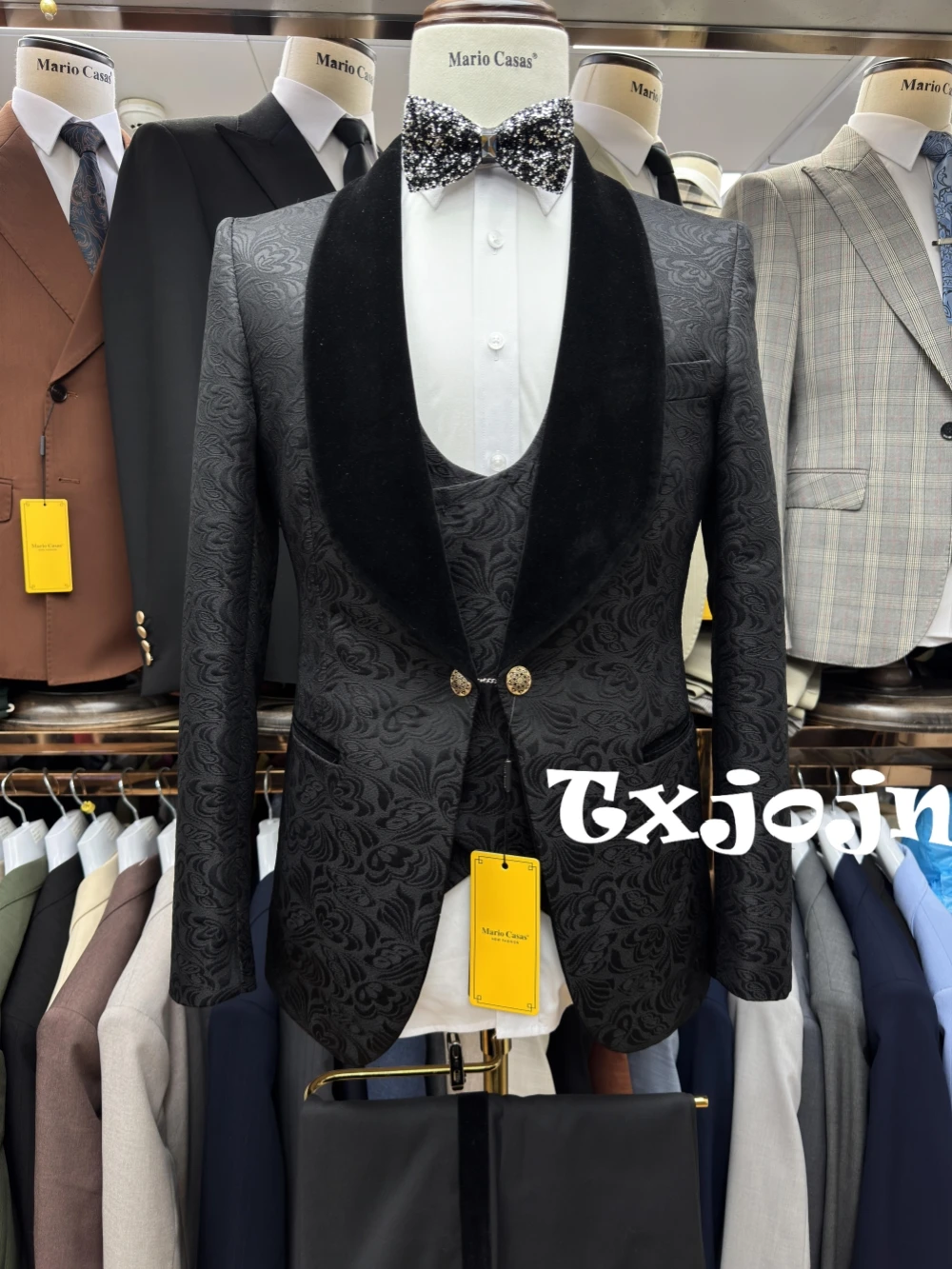 Black Jacquard Slim Fit Suits 3 Pieces Dancing Wear,Elegant Shawl Lapel Men's Suit Set Wedding Groom Sets,Plus Size Tuxedo S-3XL