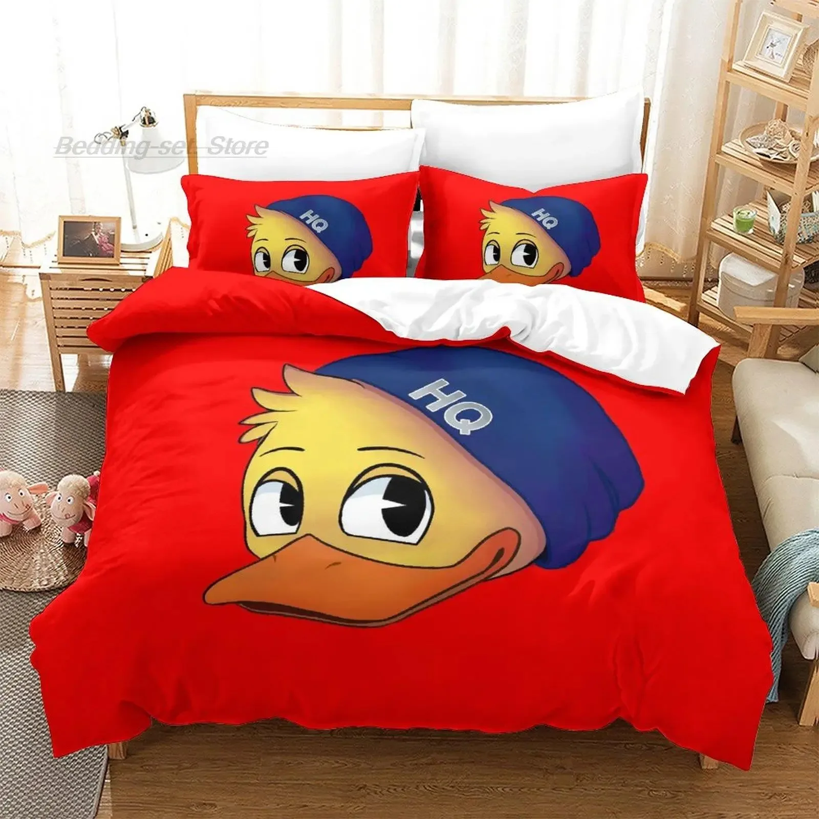 

Kawaii Quackity duck Bedding Set Single Twin Full Queen King Size Bed Set Aldult Kid Bedroom Duvetcover Sets Anime bed sheet set