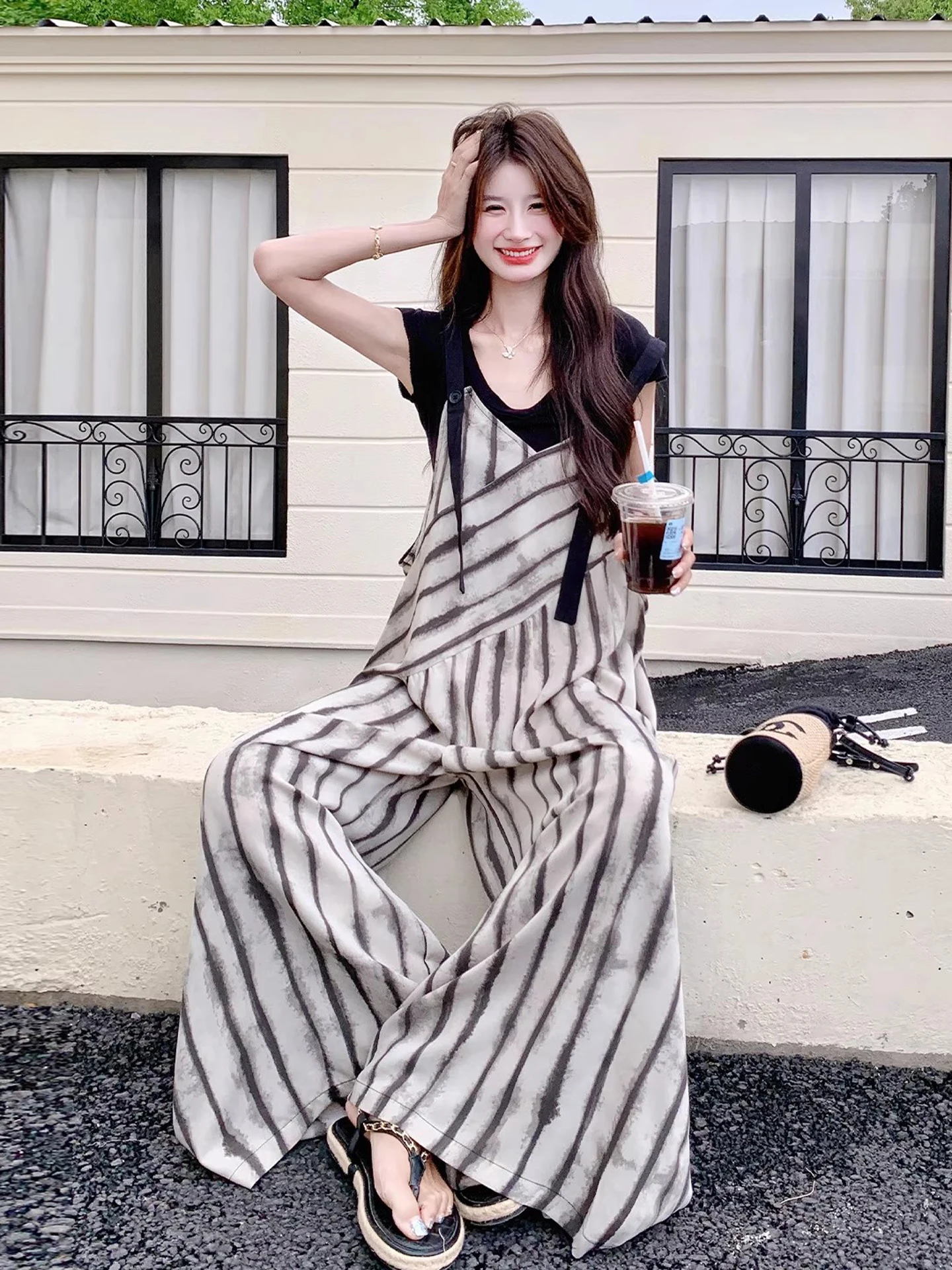 Korean Sle Casual Lazy Striped V-Ne Women's Overall Pants Loose Feel Wide Leg Pants High Waist Long Pants Polyester Fiber