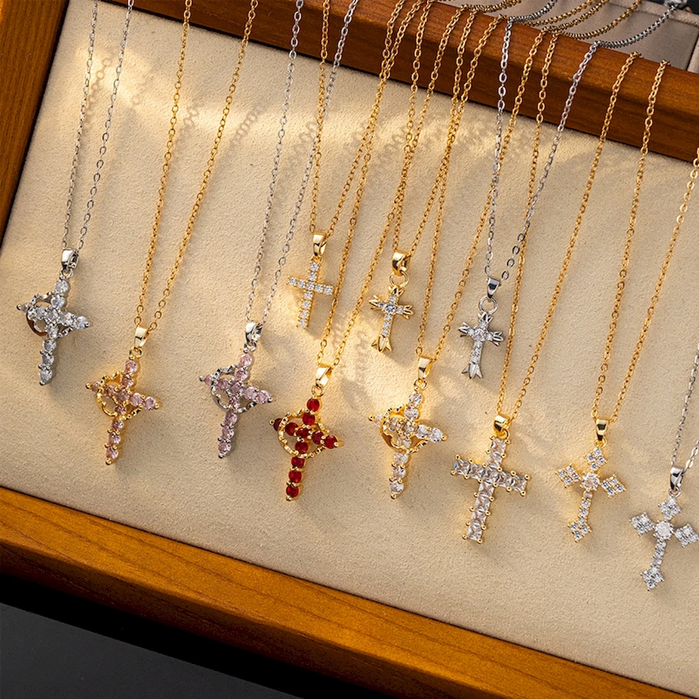 Women 50cm Length Stainless Steel Chain Rotatable Crown Cross Pendant Necklace Plated 18K Gold Neck Jewelry Drop Shipping