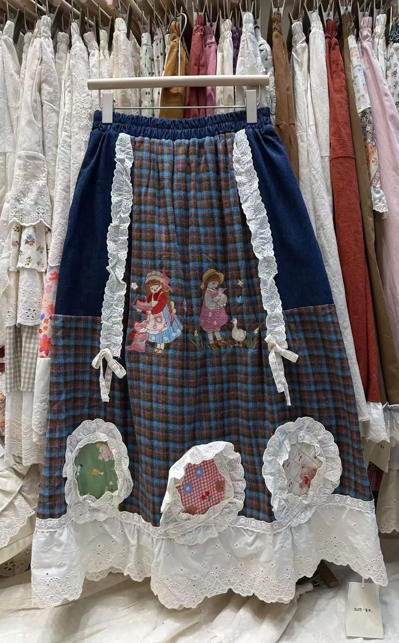 3 Colors Winter Fleece Vintage Patchwork Cartoon  Lace Long Skirt Female Sweet Lolita Kawaii Retro Chic Midi Skirt