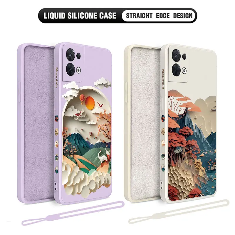 3D Landscape Mount Phone Case For OPPO Reno 3 4 8 8T 8Z 7 7Z 6 5 F19 F9 Pro 4G 5G Liquid Soft Silicone Cover With Hand Strap