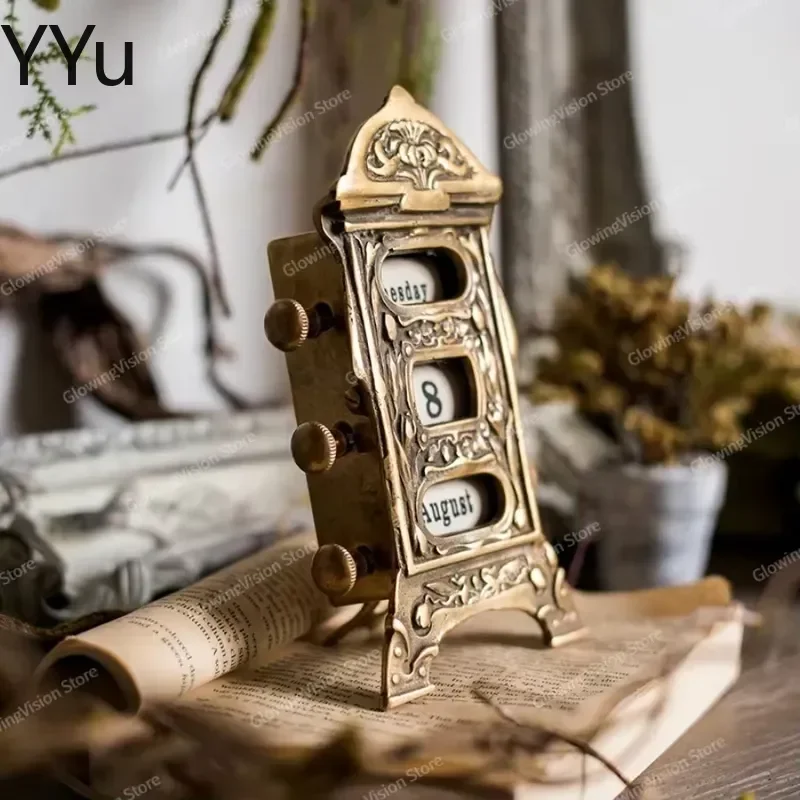for Luxury Brass Vintage Manual Digital Calendar Creative Copper Desk Ornament Office Home Decor Gift