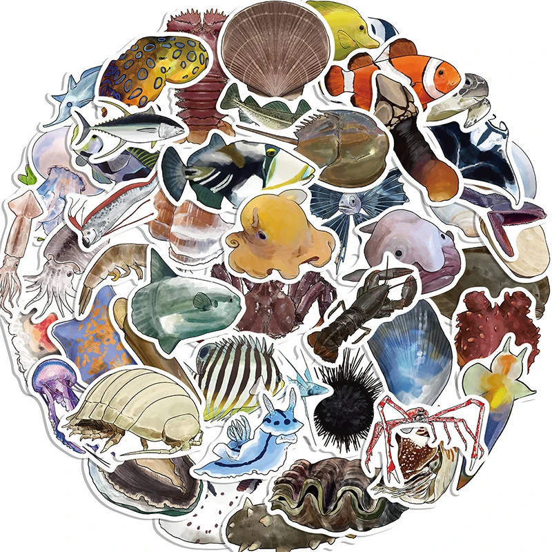 50PCS Deep Sea Fish Stickers Pack Waterproof Vinyl Decals Ocean Animal Turtle Fish Under The Sea Stickers for Kids DIY