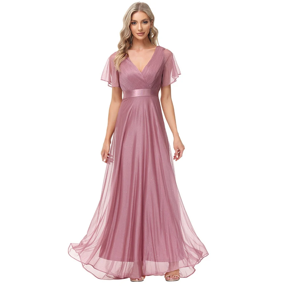 Prom Dress V-hals Chiffon Avondjurk A-lijn Plooi Cap Mouw Prom Dresses