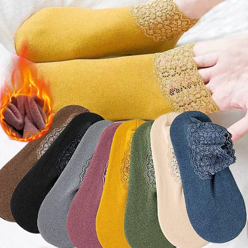 

1/3pairs Vintage Lace Tube Socks Women Breathable Velvet Warm Home Floor Socks Anti-slip Thin Ladies Low Boat Socks Harajuku