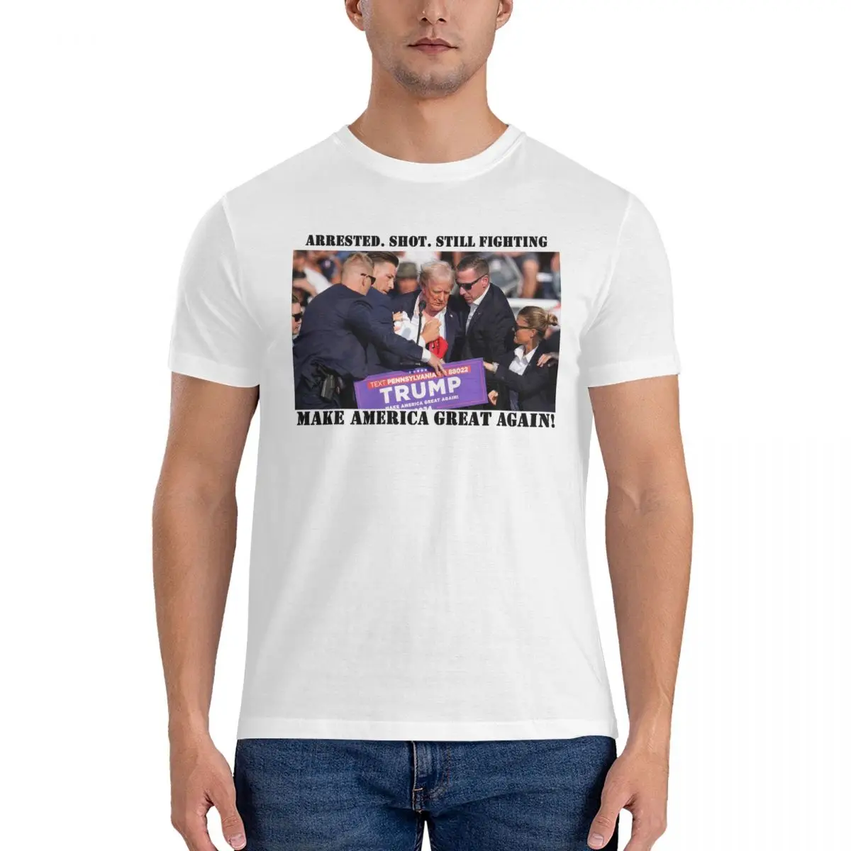 Vintage Arrested, Shot. Still Fighting Trump T-Shirts Men Crewneck Pure Cotton T Shirt Make America Great Again New Arrival Tops