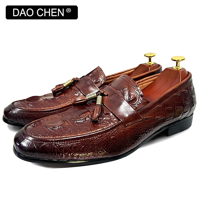 LUXURY MEN LEATHER SHOES BROWN SLIP ON CROCODILE PRINT TASSELS CASUAL DRESS MES SHOES WEDDING OFFICE BANQUET LOAFERS MEN