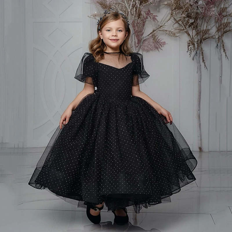 Eightree Customized O-Neck Dress For Girl Flower Point Dot Flower Girl Dress Sleeveless Kids Birthday Formal Princess Gown Black