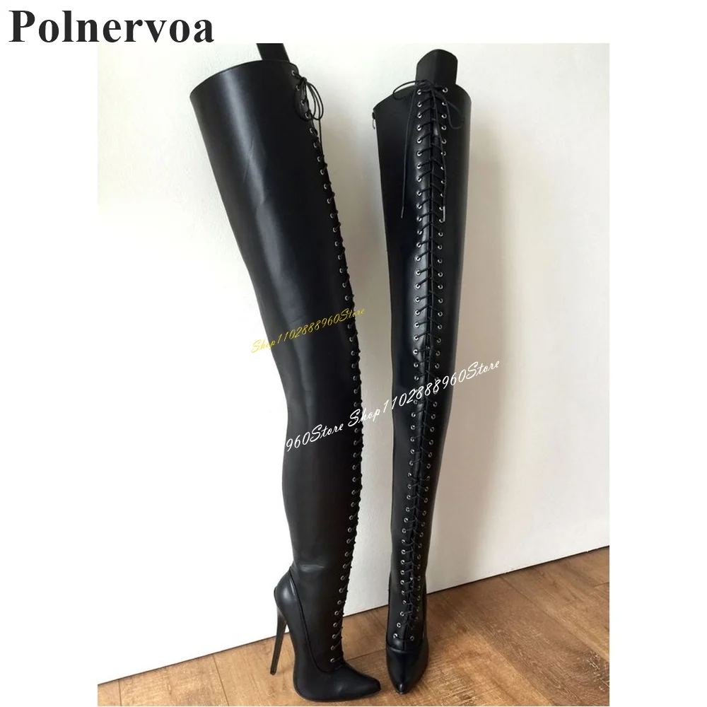 Thigh High Black Matte Leather Cross Tied Boots Stilettos High Heel Women Shoes Sde Zipper Pointed Toe 2024 Zapatos Para Mujere