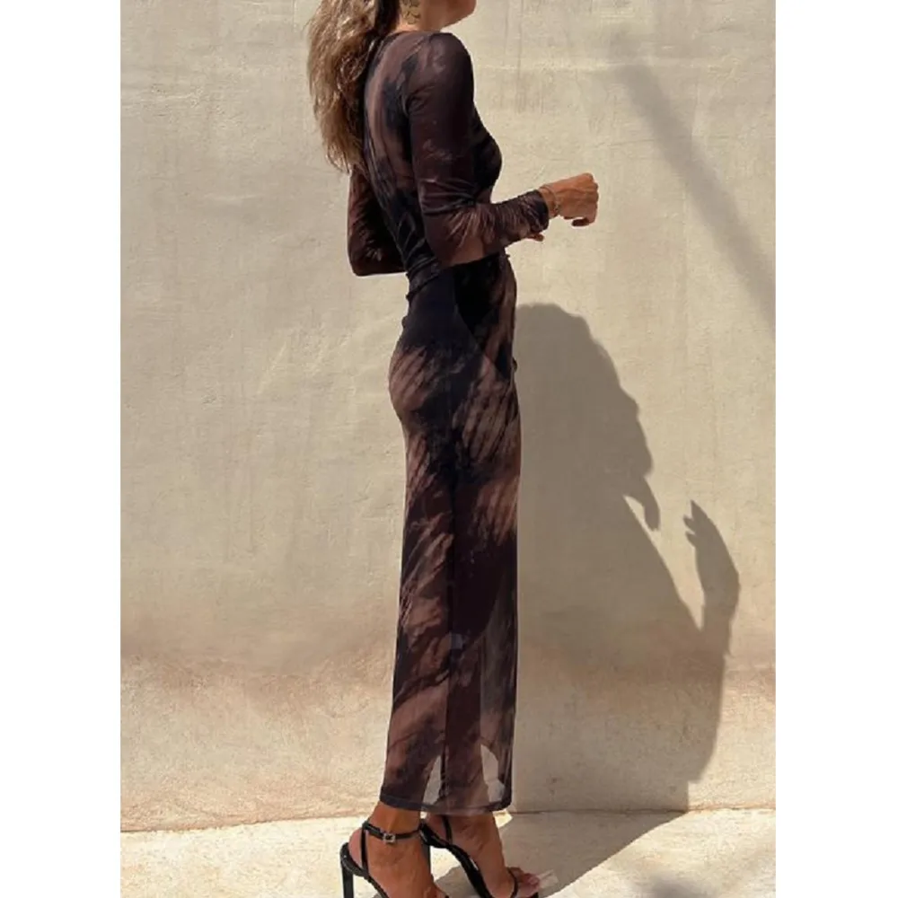 Robe en maille transparente à manches longues pour femmes, col rond, sexy, tambour, manches longues, fente haute, robes de soirée de vacances,