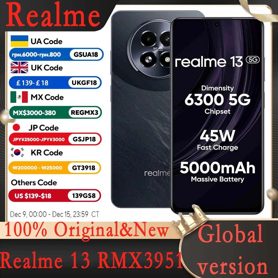 Globale Version Realme 13 6,72" 5G Smartphone 50MP OIS Kamera 120Hz Display 45W Ladung 5000mAh Akku IP64 Android 14 microSDXC