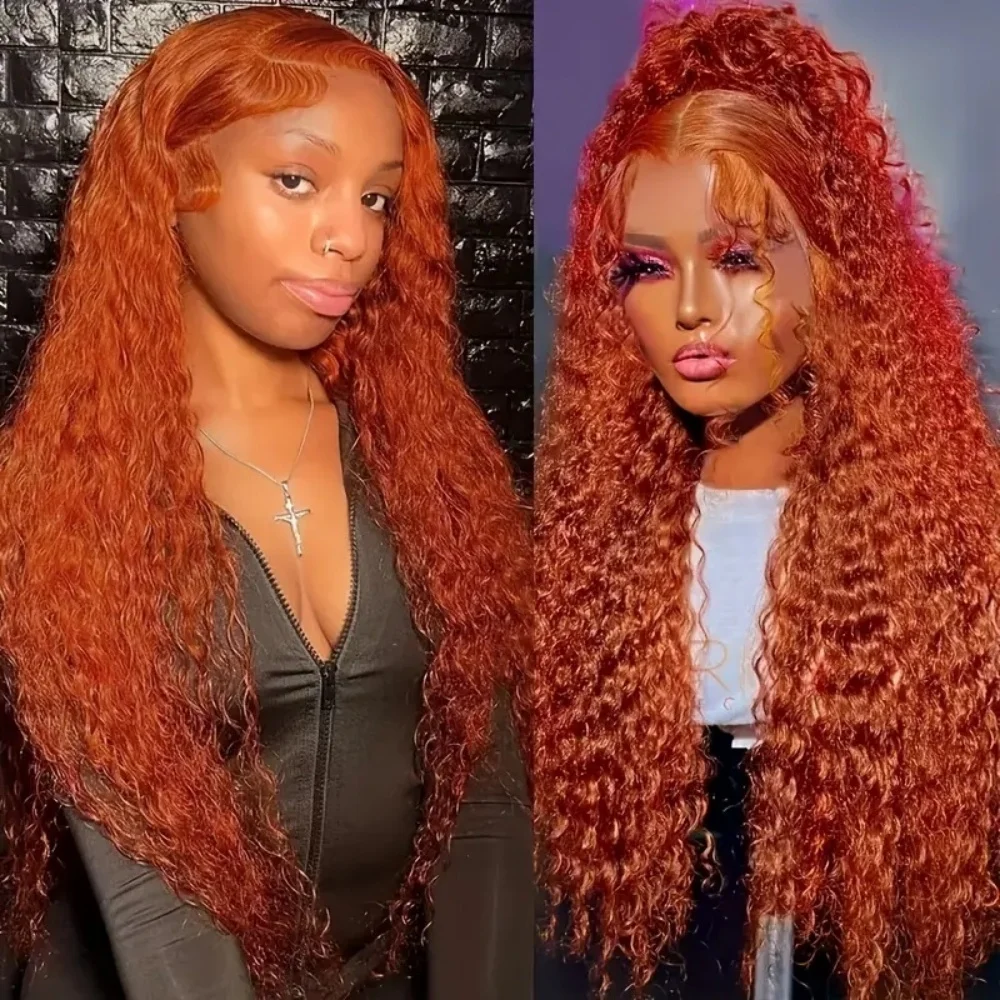 13×4 Deep Wave Lace Front Wigs Human Hair Ginger Transparent Lace Frontal Wig For Women Pre Plucked Orange Color Curly Wigs 350