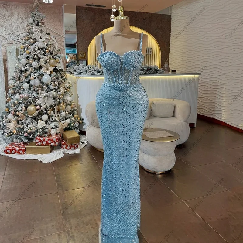 

Sexy Evening Dress Customized Pearls Spaghetti Straps Sweetheart See Through Sequined Mermaid Prom Dresses Customized