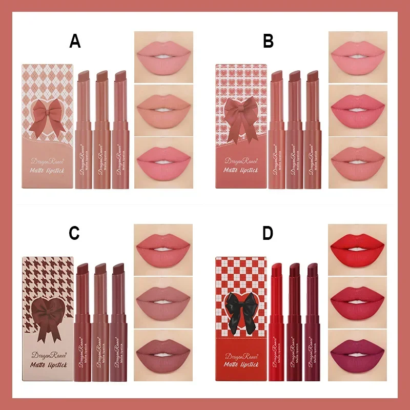 3 Pcs Matte Lipstick Set Velvet Texture Moisturizing Waterproof Long Lasting No Fading Fashion Hot Sales Easy To Apply Lipstick