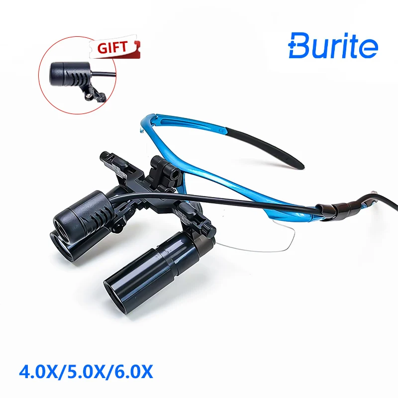 Burite 4.0/5.0/6.0X  flip-up loupes 420mm Dental kepler Loupe Binocular Magnifier Surgery Operation with Spotlight Head Light 5W