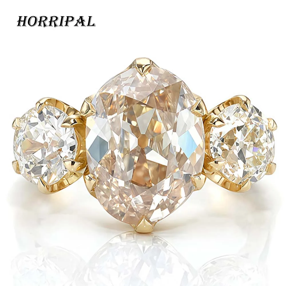 HORRIPAL D VVS1 2CT Moissanite Rings Oval Pigeon Egg 3Stone S925 Silver Wedding Rings for Women GRA Cert 18K Gold Luxury Jewelry