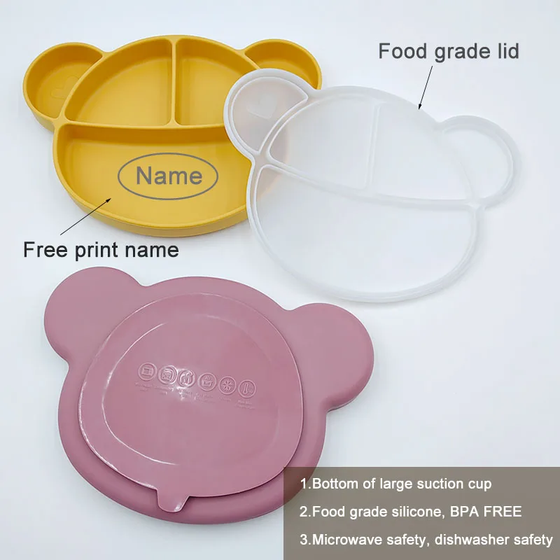 Silicone Feeding Plates Dishes For Baby Cartoon Mickey Mouse Suction Cup Plates With Lid  Personalized Name Children\'s Tableware