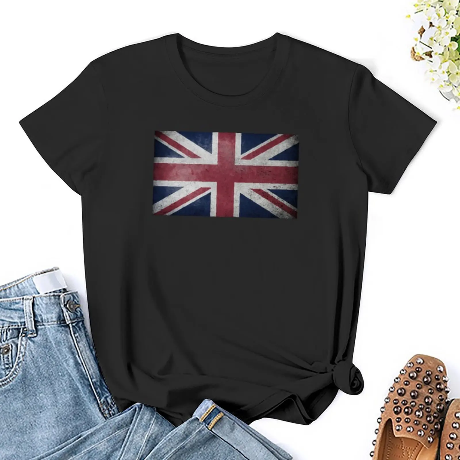 Camiseta desgastada, vieja, desgastada y desgastada de la bandera del Reino Unido (Reino Unido) para mujer, Ropa de señora, camisetas divertidas vintage, ajuste holgado