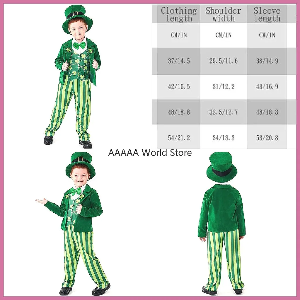 

Kids St. Patrick's Day Leprechaun Costume, Irish Traditional Green Suit Dress with Four-Leaf Clover