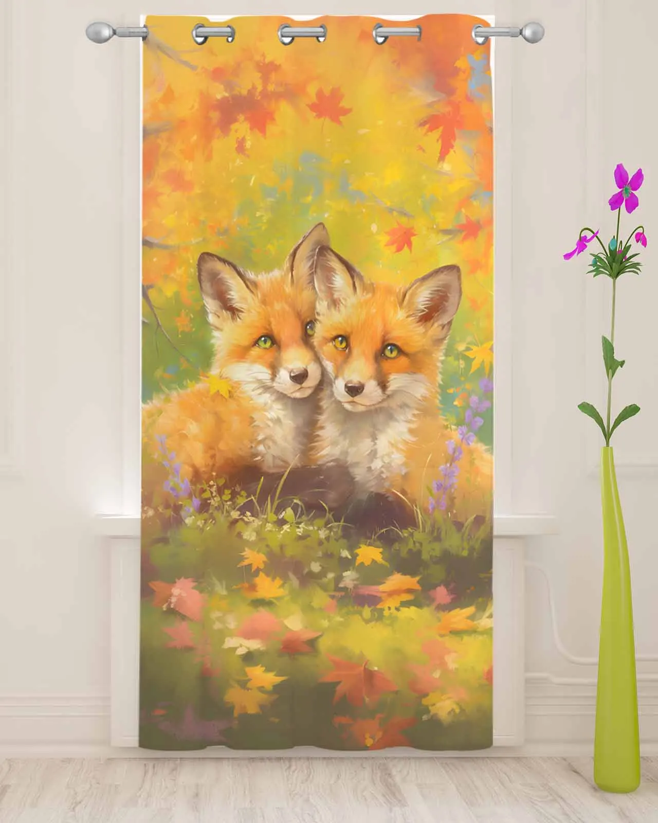 Two Foxes With Maple Leaves In Autumn Modern Tulle Curtains Voile Drapes Sheer Window Curtains Bedroom Accessories