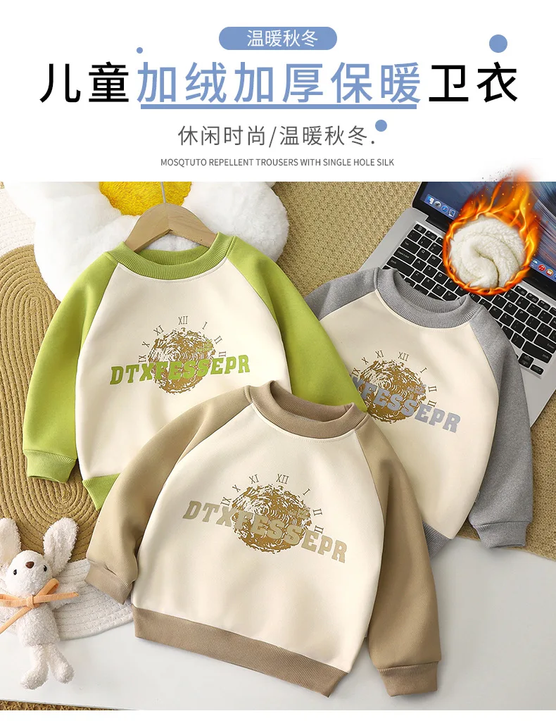 Bedrucktes Kinder-Herbst-Winter-Fleece-Sweatshirt, warmes Langarm-Oberteil für Mädchen und Jungen, weiches, dehnbares Baby-Kinder-Sportoberteil für den Alltag. – Detail 3